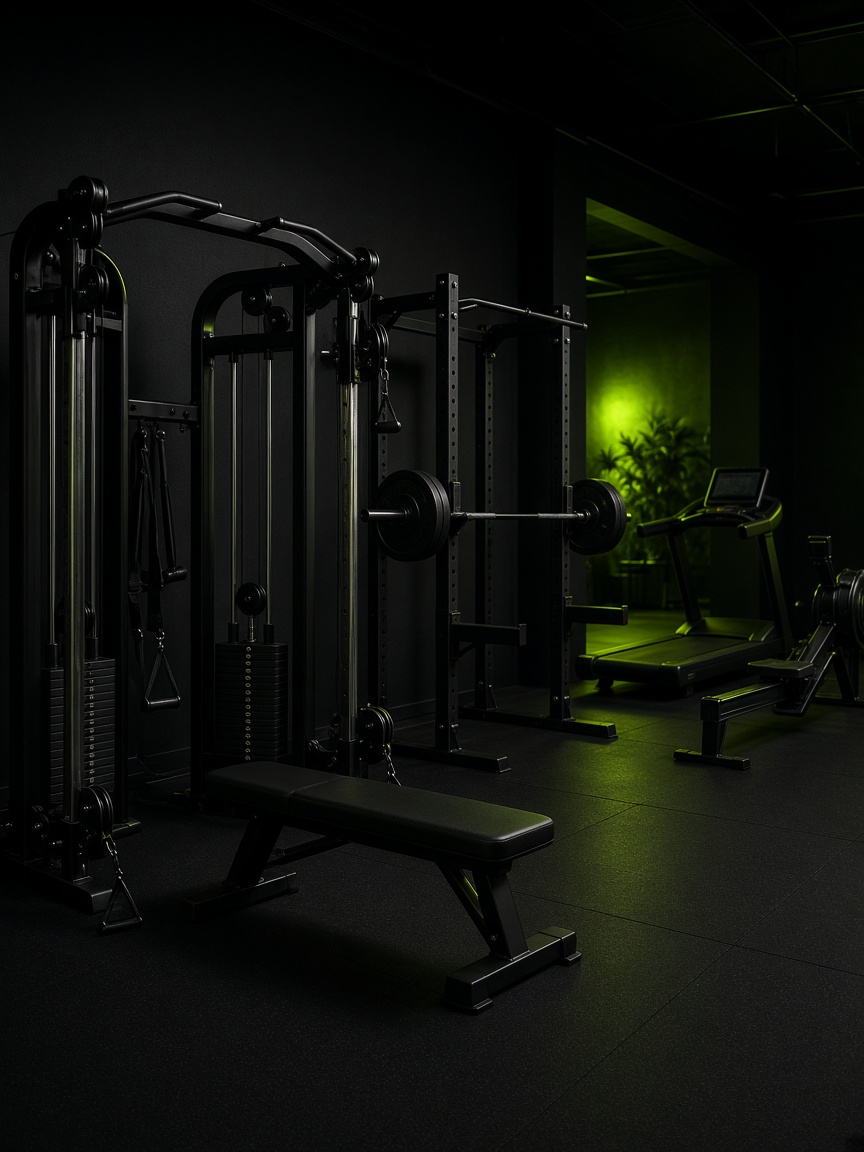 Gimnasio oscuro con máquina de cables, banco, rack, cinta y remo, iluminado en verde lima.